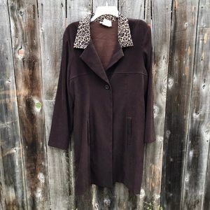 90s Long Brown Coat with Cheetah Print Collar
